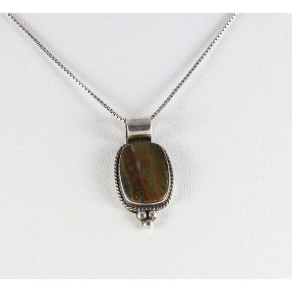Sterling Silver Brown and Green Ocean Jasper Necklace 18 inch chain - Picture 1 of 5